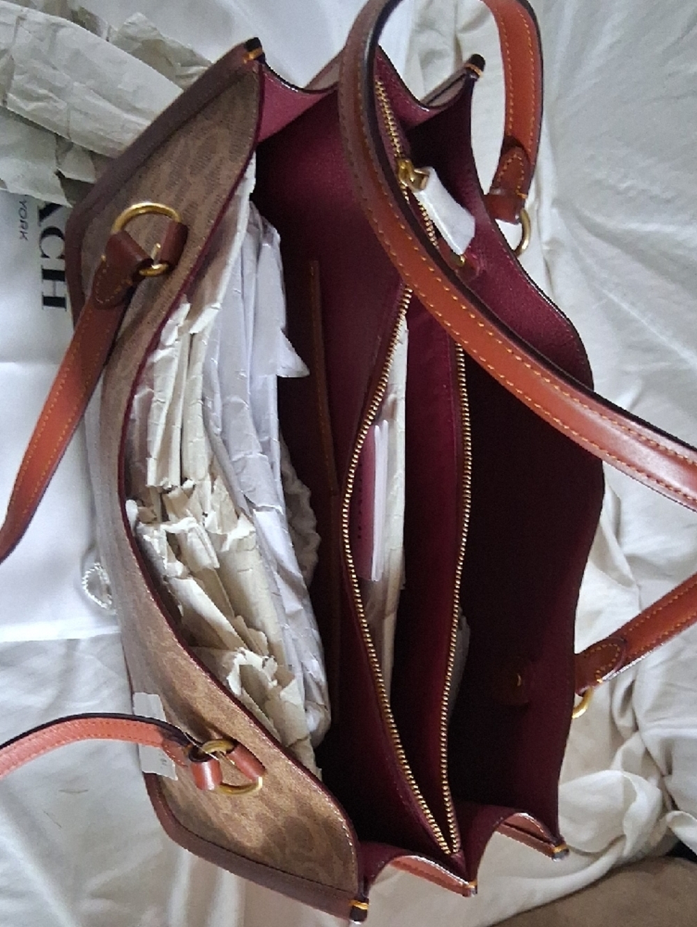 Coach Brown Signature Canvas Shoulder Tote with Leather Trim - Picture 10 of 11